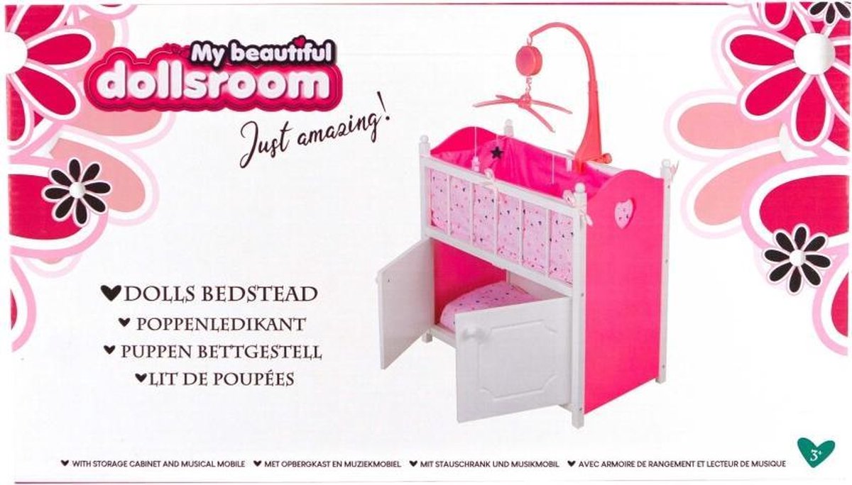 My Beautiful Dollsroom Houten Poppen-Ledikant met Muziek Roze/Wit