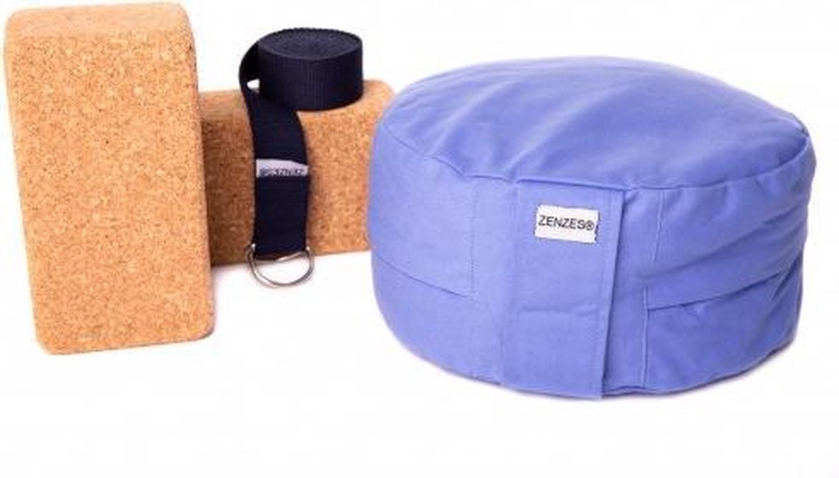 Zenzes PRO meditatiekussen met yogariem en 2 yogablokken - licht blauw