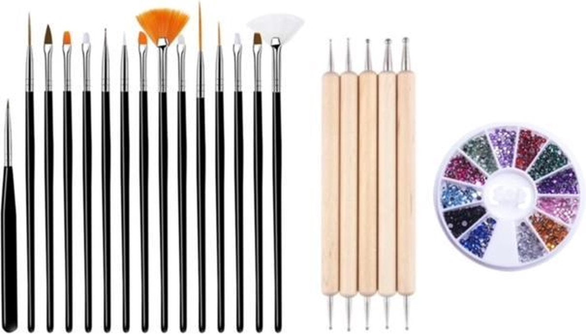 GUAPÀ - Nagel Penselen Set Zwart + Rhinestones Diverse Kleuren + Druppel & Dotting Pennen - Nail Art
