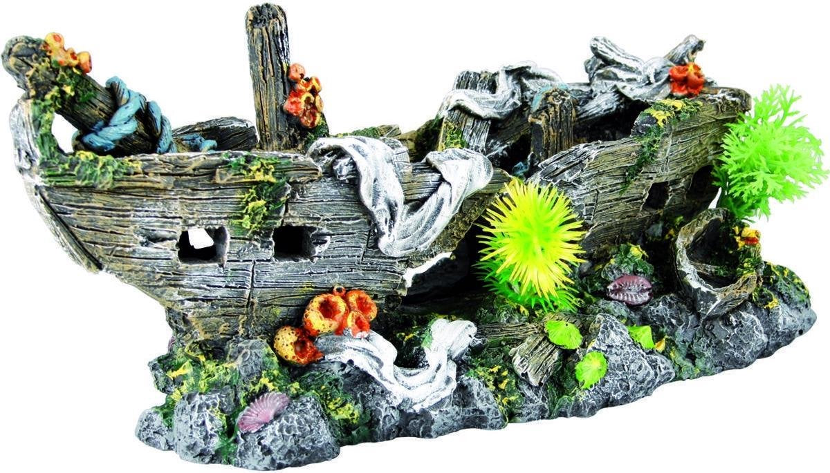 Aquarium scheepswrak + planten - Bruin - 28 x 12 x 12.5 cm
