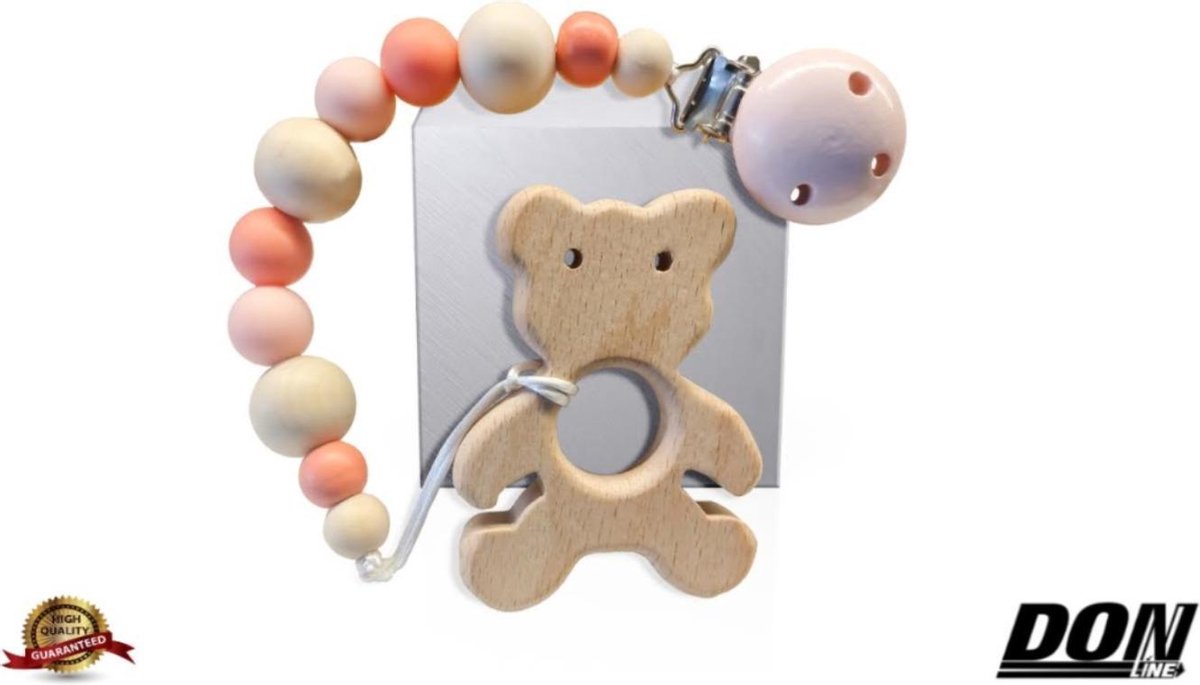 Speenkoord / Kralen Koord / Speenclip / Babyfopspeenketting / Fopspeenketting / Baby Bijtring Anti-drop Beukenhout Fopspeen Riemclip / Spenenketting / baby pacifier clip chain - Babyshower/Kraam Cadeau - Roze x1 + Houten Bijtring Beukenhout - Beer x1