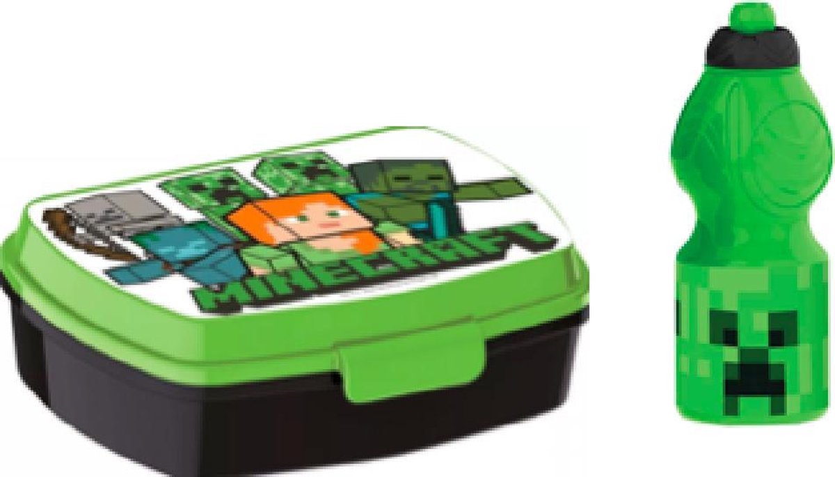 Minecraft brooddoos (17 cm - 13 cm - 6 cm) + Drinkfles  (18 cm hoog -  400 ml)