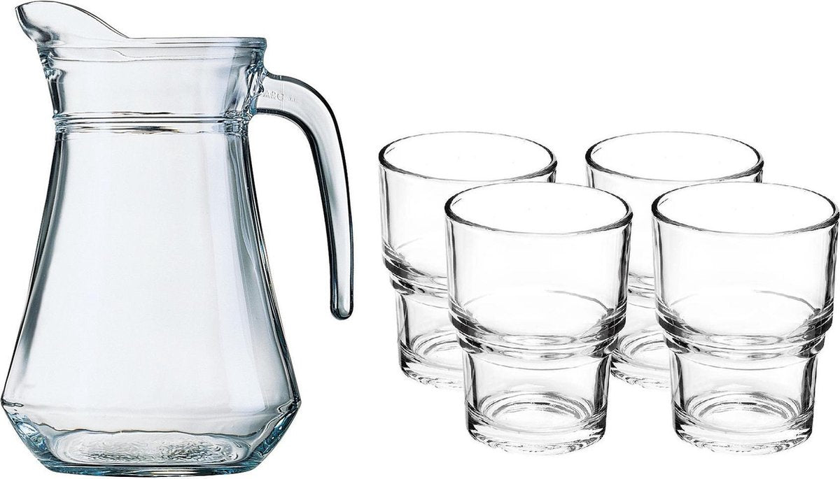 Glazen schenkkan/karaf 1 liter met 4x waterglazen 210 ml - Waterglazen/drinkglazen