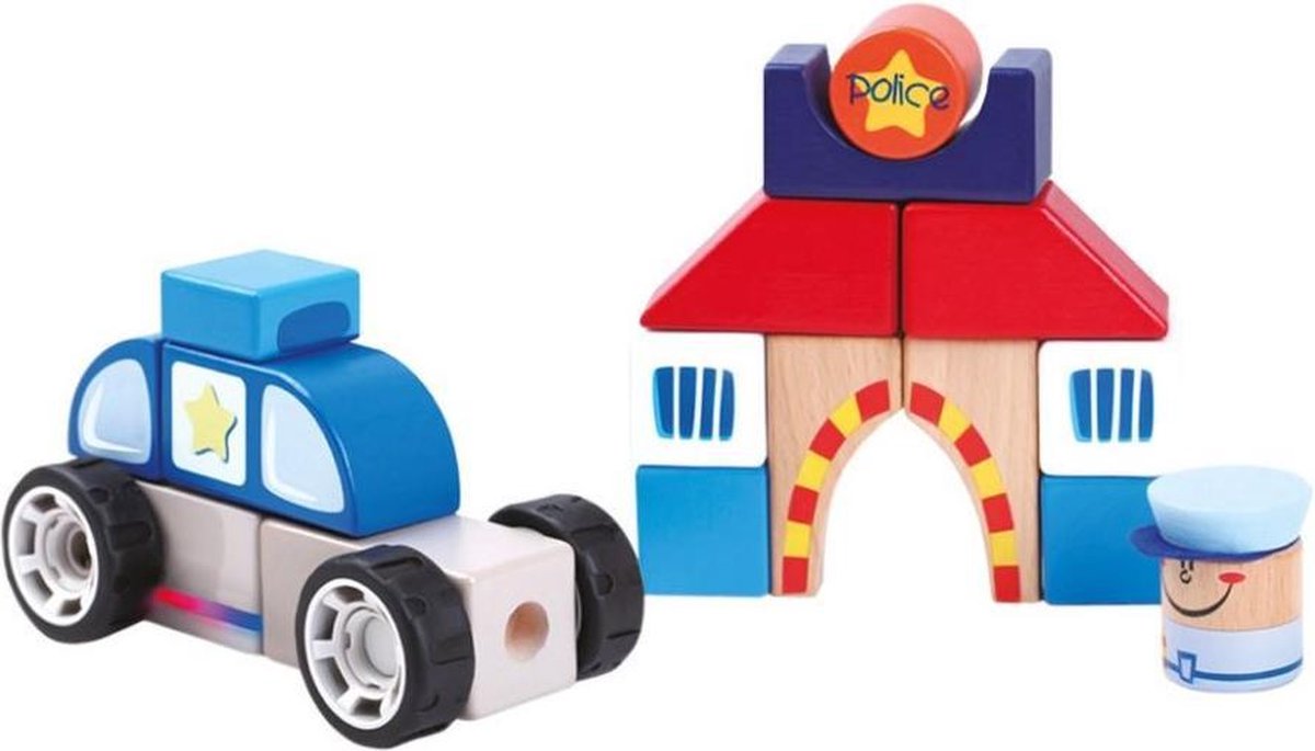 Bino Blokkenset Politie Junior Hout Blauw/rood/wit 16-delig