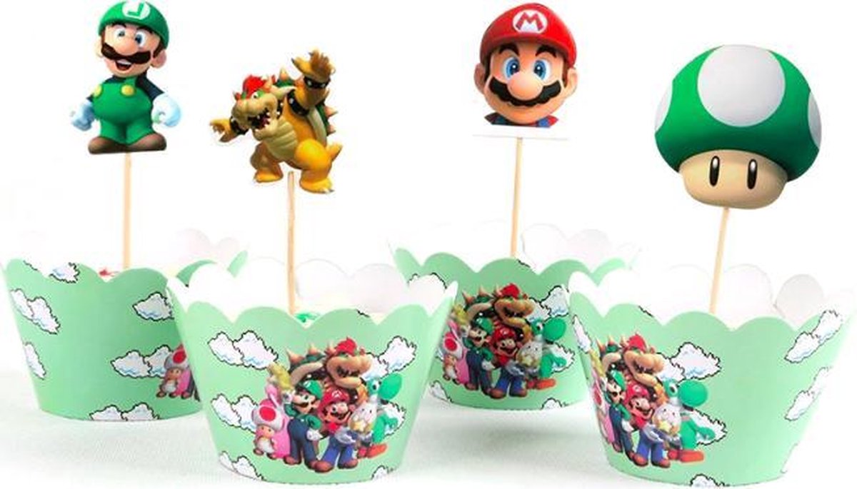 ProductGoods - 12 Stuks Super Mario Bros Mini Cupcake Bakjes + 12 Cupcake Super Mario Bros Versiering  - Kinderen - Kinderfeestje - Party - Taart Decoraties - Verjaardag Decoratie - Happy Birthday  - Mario - Omslagen - Omslag