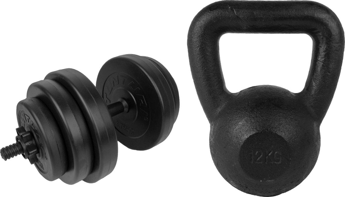 Tunturi - Fitness Set - Vinyl Halterset 15 kg - Kettlebell 12 kg