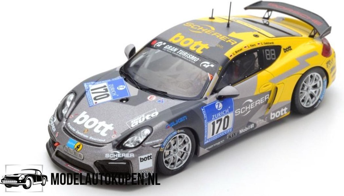 Porsche Cayman GT4 24h Nürburgring 2016 (Grijs/Geel) (10cm) 1/43 Spark - Modelauto - Schaalmodel - Model auto - Miniatuurautos - Miniatuur auto