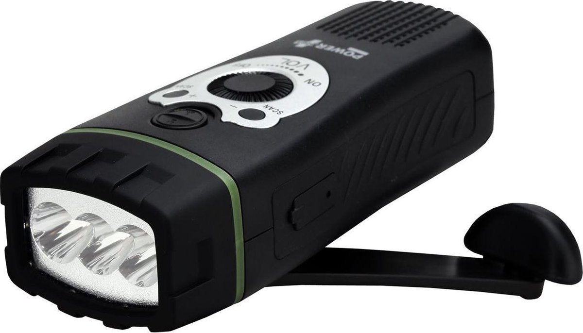 POWERplus Wolf Dynamo LED Zaklamp | FM radio met ingebouwde speaker | oplaadbaar via USB of via dynamo | kleur: zwart