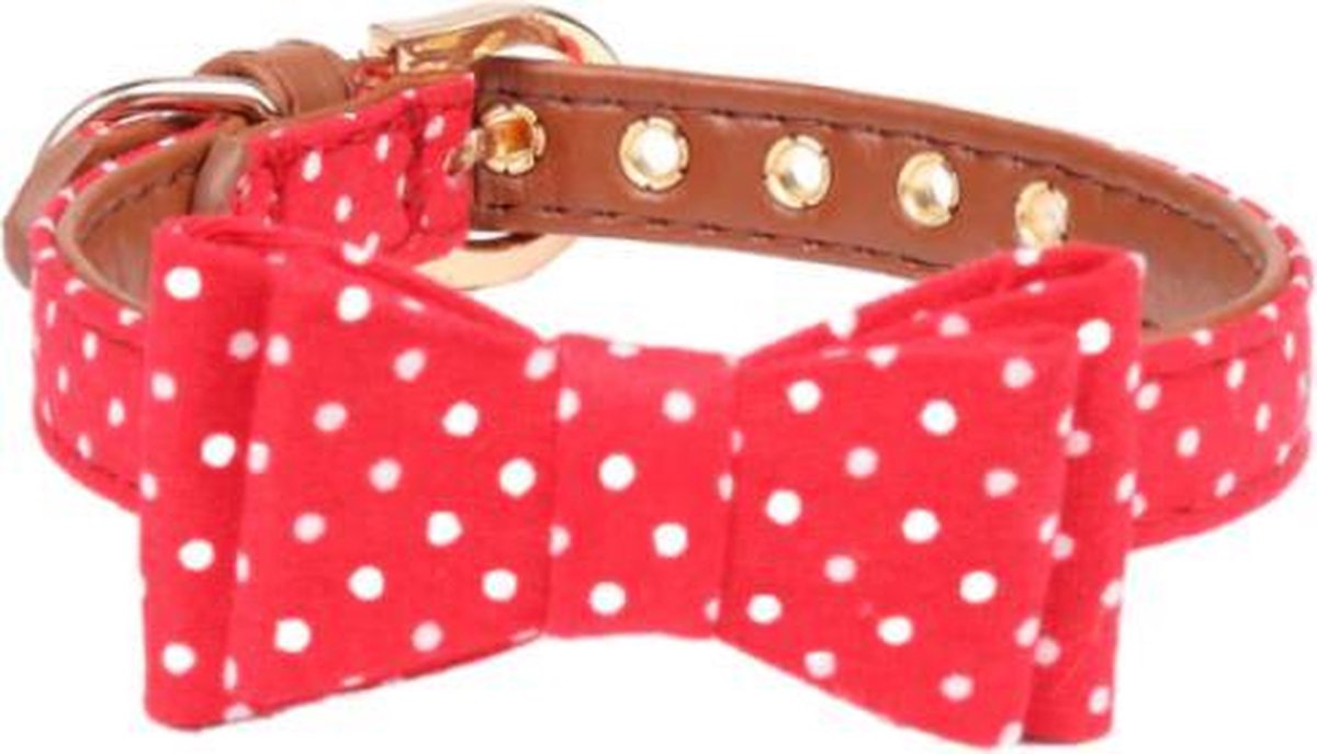 Halsband Hond - verstelbaar - leiband motief - katoen - stevig - huisdieren - stippen - strikje - 37 tot 43cm - maat L - Rood