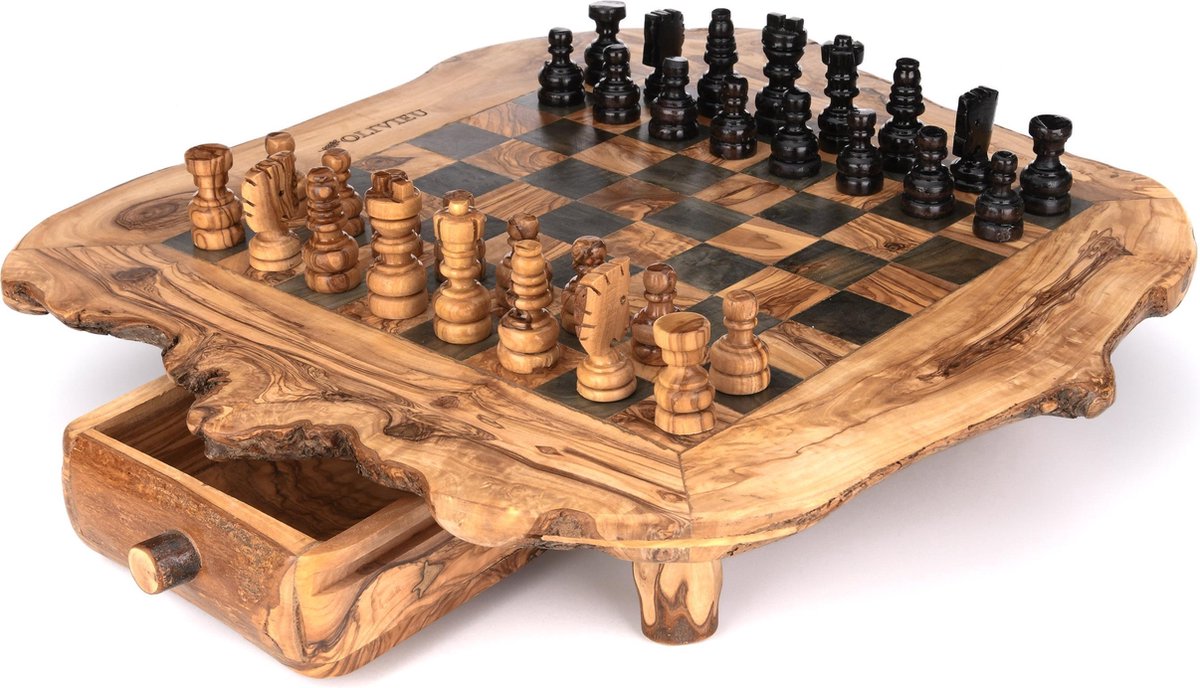 OLIVIEU ~ Intelligente ~ Handgemaakt Schaakspel Hout 50 cm ~ Olijfhouten Schaakbord met Schaakstukken ~ Schaakset ~ Cadeau
