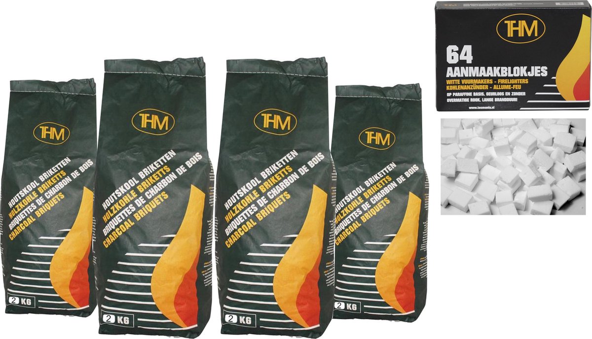 4 X houtskoolbriketten 2 KG per - inclusief aanmaakblokjes 64 Stuks - Barbecue - BBQ - 4 Stuks