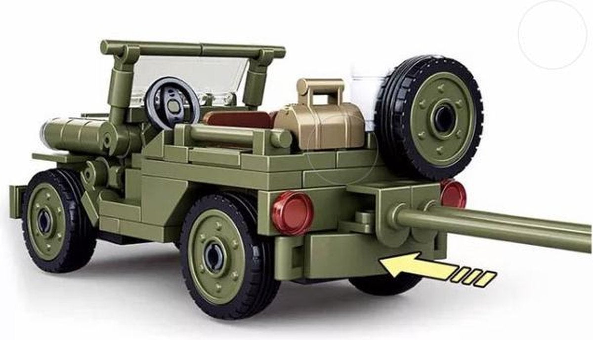 I11 - Amerikaanse Jeep met veldkanon - 143 onderdelen en 1 mini-figuur - WW2 Bouwstenen - Lego fit - WW2 - Soldaten - Militair - Tank - Army - Bouwstenen - Wapens - Geweren - Brick - Tweede Wereld Oorlog - Mini-figures - Leger - Duits - Navy Seals