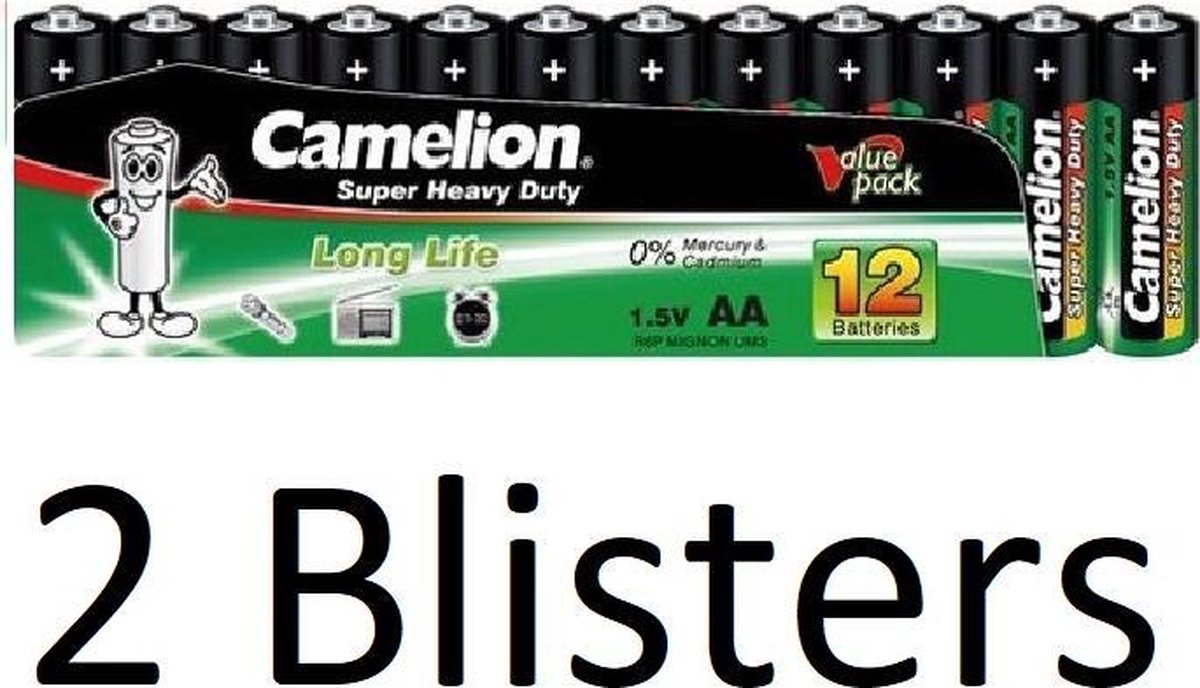 24 stuks (2 Blisters a 12 st) Camelion Green Zinc AA Batterijen