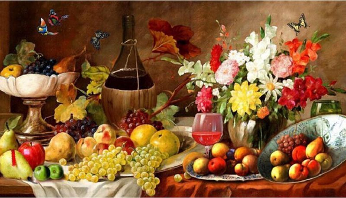 Diamond Painting Volwassenen- Middeleeuwse Dis Met Bloemen Wijn Fruit - 50x30 cm (Volledige Bedekking) - Inclusief Premium Tools
