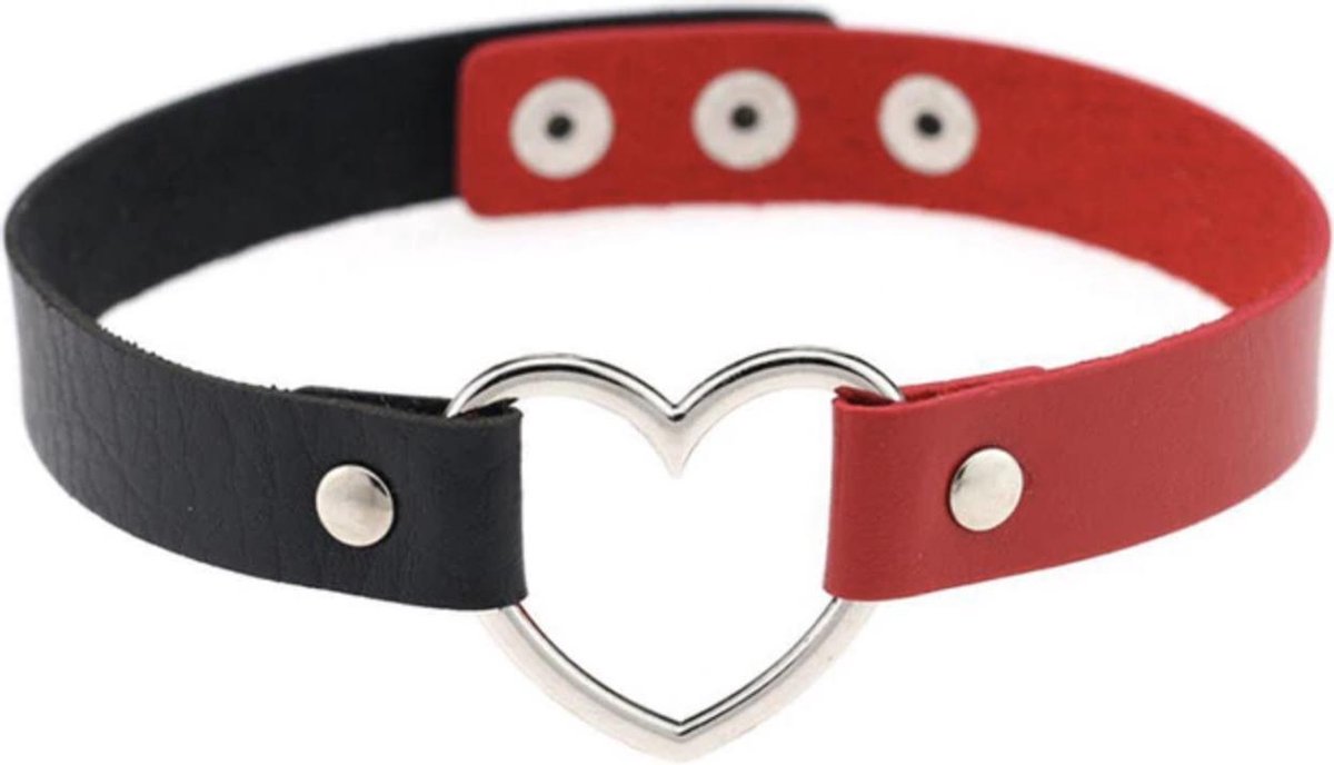 KIMU choker zwart rood hartje - PU leer collar ketting hart halsband duivel sexy
