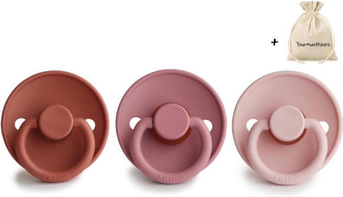 FRIGG | Fopspeen set 3 stuks | T2 | 6-18 maanden | Classic | Silicone | Baked Clay + Dusty Rose + Baby Pink | Met YOURMUSTHAVES speenzakje