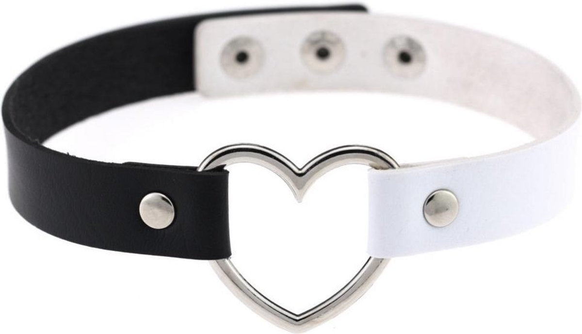 KIMU choker zwart wit hartje - PU leer collar ketting hart halsband