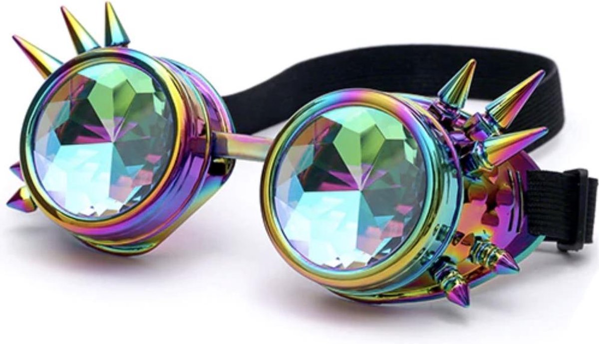 Steampunk bril goggles caleidoscoop - regenboog met spikes oliekleurig