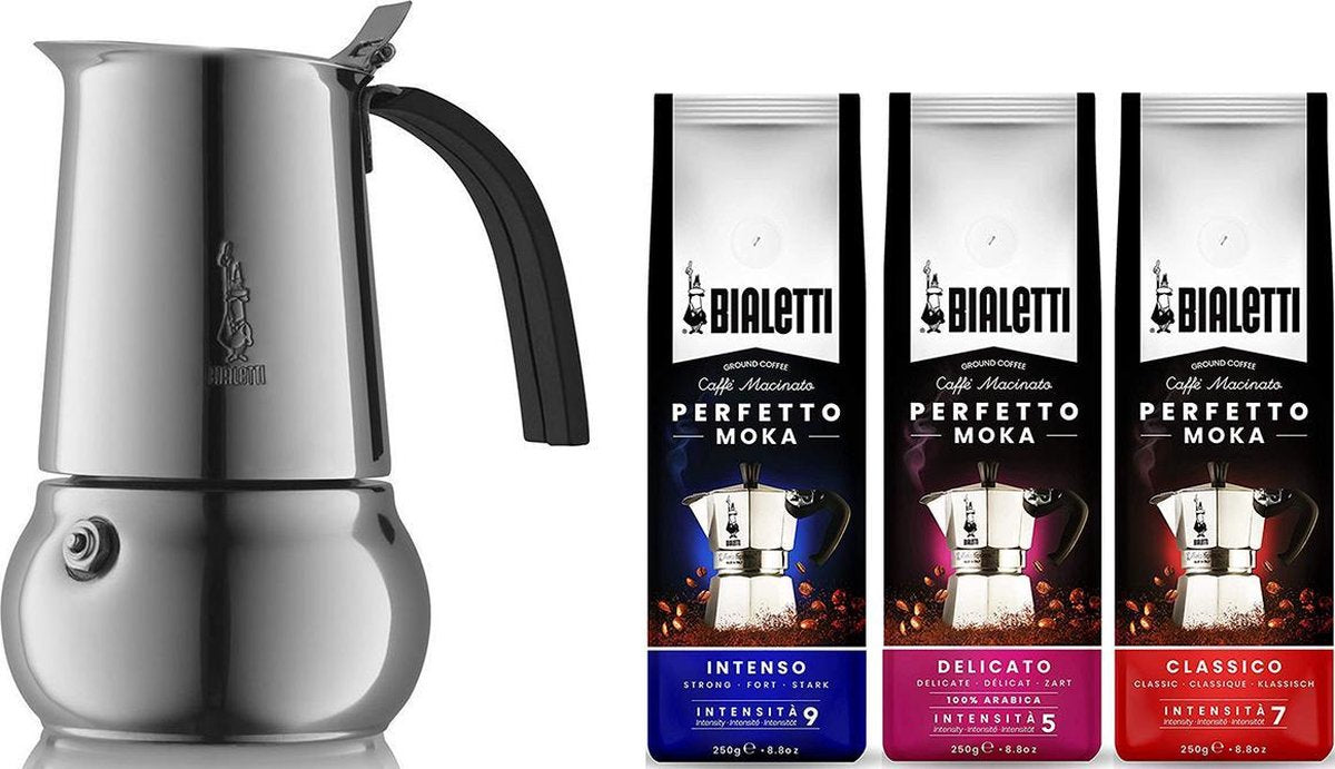 Bialetti Kitty Percolator Inductie RVS 4 kops + Bialetti koffie proefpakket 3 x 250gr
