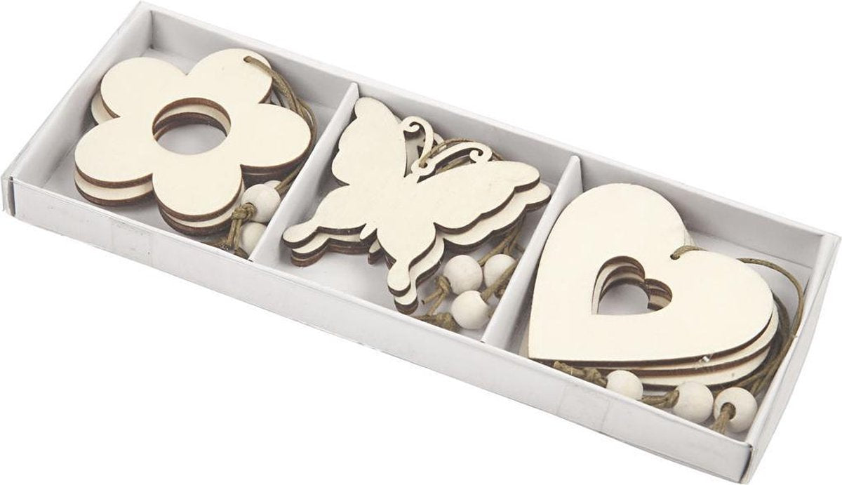 Wooden Ornament. flower. butterfly. heart. 6 cm. 9 pc