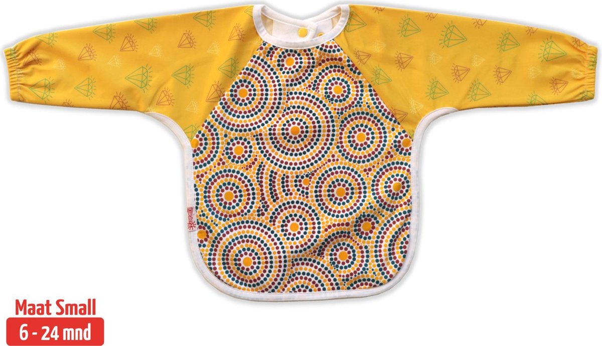 Slab met mouwen | KliederZ lange mouwslab 6 - 24 mnd | meisje babyslab Aboriginal art geel LB01a