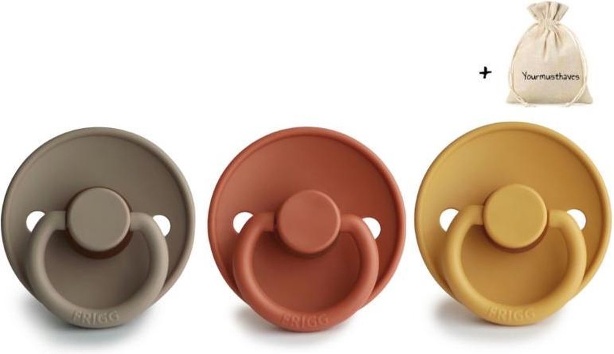 FRIGG | Fopspeen set 3 stuks | T2 | 6-18 maanden | Classic | Silicone | Portobello + Rust + Honey Gold | Met Yourmusthaves speenzakje