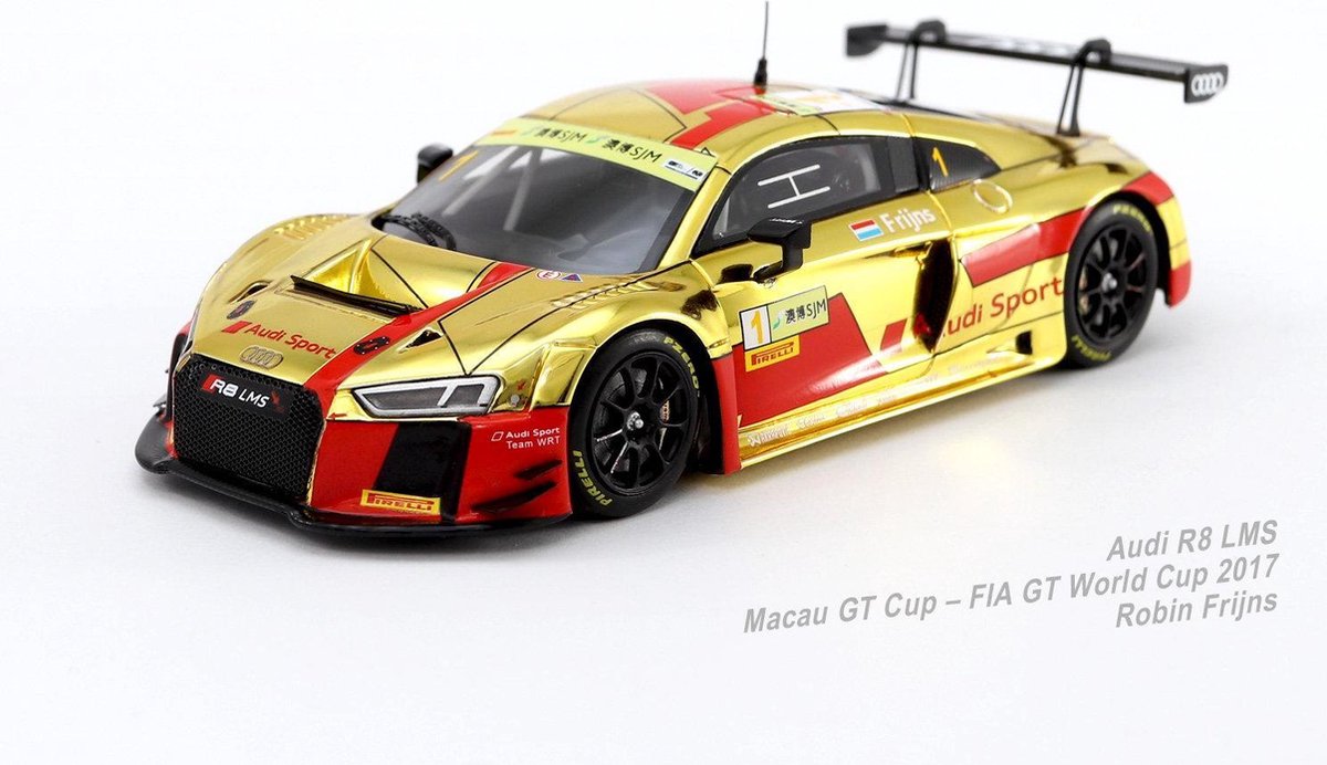 Audi R8 LMS - Audi Sport Team WRT - FIA GT World Cup Macau 2017 (Goud) (10cm) 1/43 Spark - Modelauto - Schaalmodel - Model auto - Miniatuurautos - Miniatuur auto
