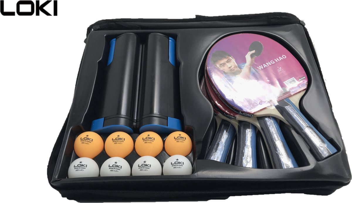 tafeltennis set van het merk LOKI/ 4 batjes/ 8 ballen/ uittrekbaar tafeltennis net/ net/opberg/opbergdoos/tafeltennis set/tafeltennis/sport/tafel/ zomer/camping/kinderen/speelgoed/uitrekbaar/4/personen/opberg tas/vakantie/