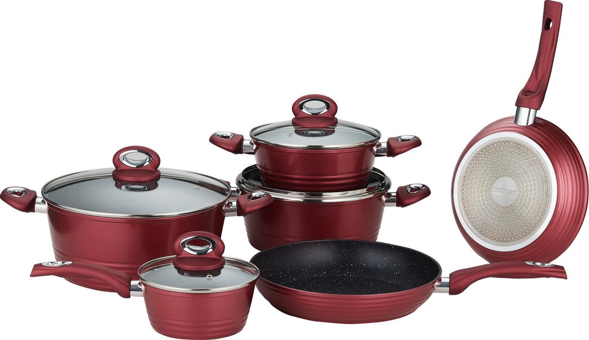 Herzberg: 10-Delige Gesmede Pannenset - Bordeaux - Gegoten Pannenset - Marmer Gecoate Pannen - Afneembare Handvaten - Braadpan - Koekenpan - Steelpan - Pannenset Inductie - Pan met Deksel - Bakpan