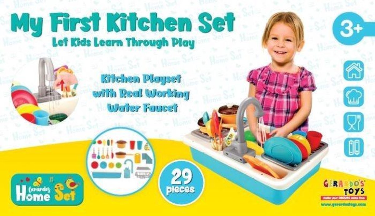 Gerardo's Toys - Afwas Set -  Lopende -  Kraan - Speelgoedgootsteen 46 Cm 29-delig Wit/blauw