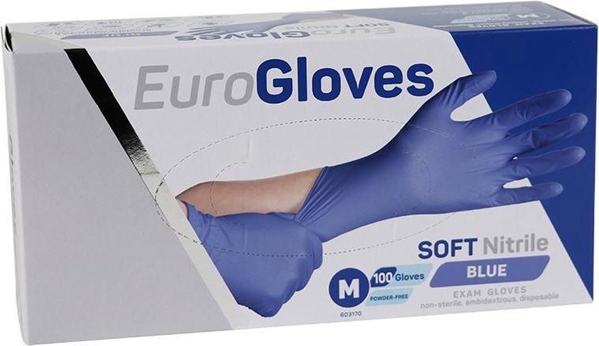 Eurogloves handschoenen blauw softnitrile 100 stuks poedervrij maat Large