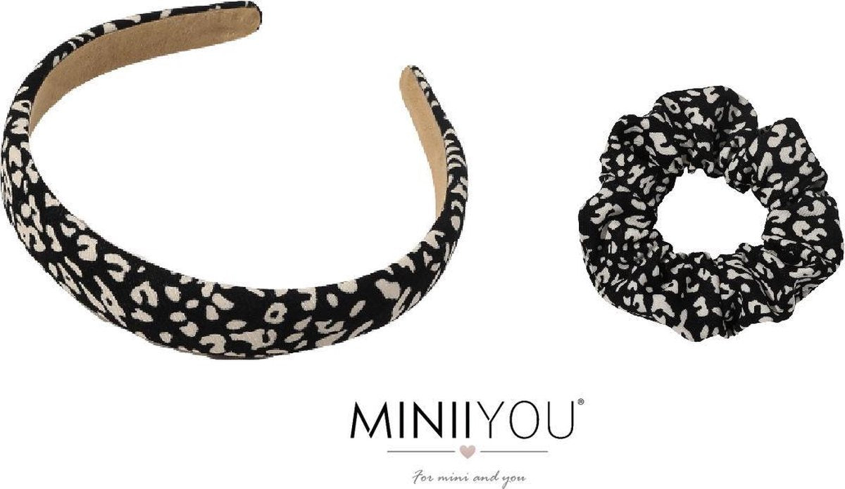 Set Dames Haarband Diadeem luipaard print zwart + zwart wit scrunchy elastiek