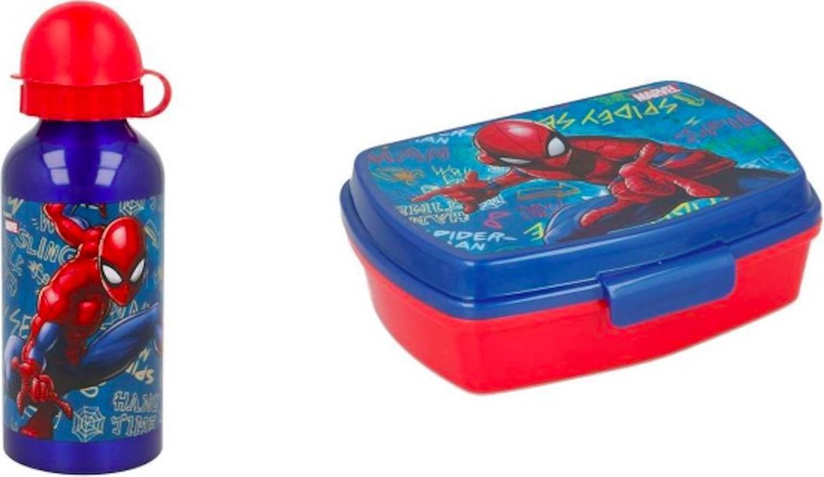 Spiderman brooddoos + aluminium  grote drinkfles 500 ml