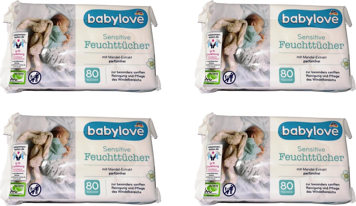 Babylove Baby Billendoekjes  4x80 stuks - 320 stuks billendoekjes - Parfumvrij - Parfumvrije billendoekjes