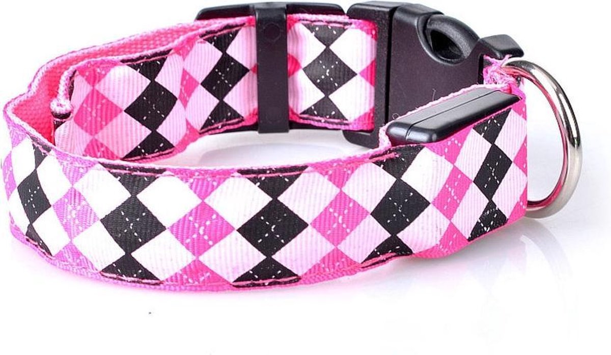 Pakketexpert Led Hondenhalsband Lichtgevend - Zwart Roze Geruit