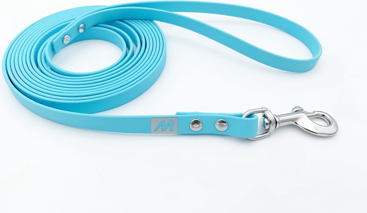Miqdi BioThane hondenriem – licht blauw – 13 mm breed - 3 meter lang - met handvat