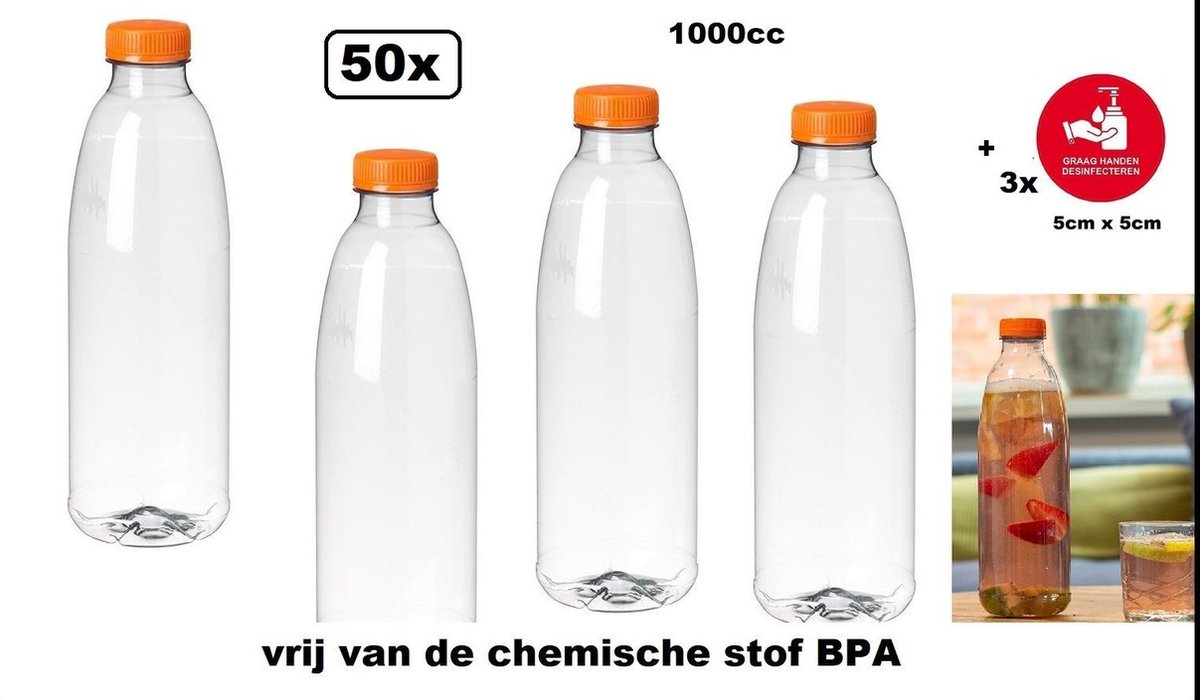 50x Flesje PET helder 1000cc met oranje dop - drink fles vruchten sap limonade drank