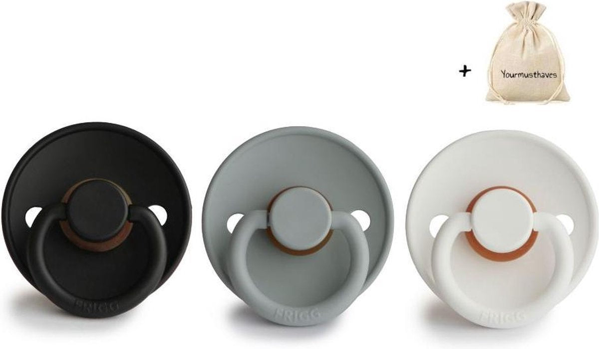 FRIGG | Fopspeen set 3 stuks | T1 | 0-6 maanden | Classic | Natuurrubber | Jet Black + French Gray + Bright White | Met Yourmusthaves speenzakje