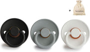 FRIGG | Fopspeen set 3 stuks | T1 | 0-6 maanden | Classic | Natuurrubber | Jet Black + French Gray + Bright White | Met Yourmusthaves speenzakje