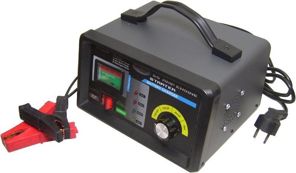 Acculader 6V en 12V druppellader 2A / 10A en Jumpstarter 55A starthulp loodaccu lader