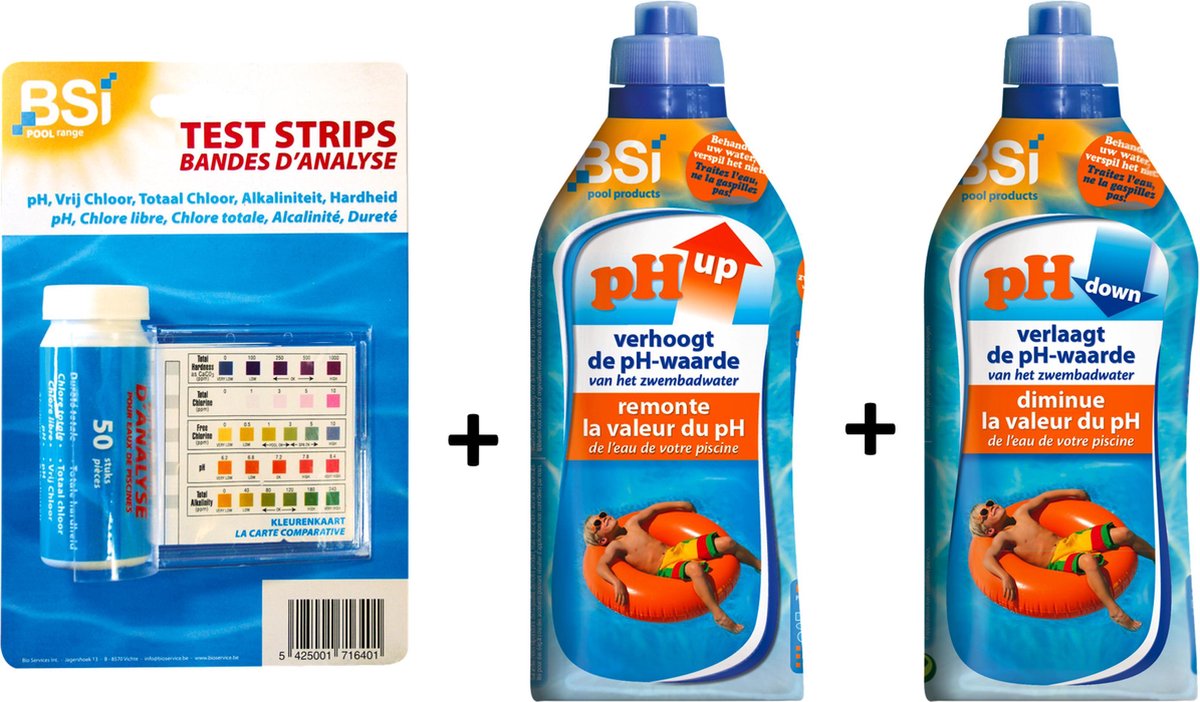 Zwembad pH kit: 50 test strips + pH up liquid 1L + pH down liquid 1L