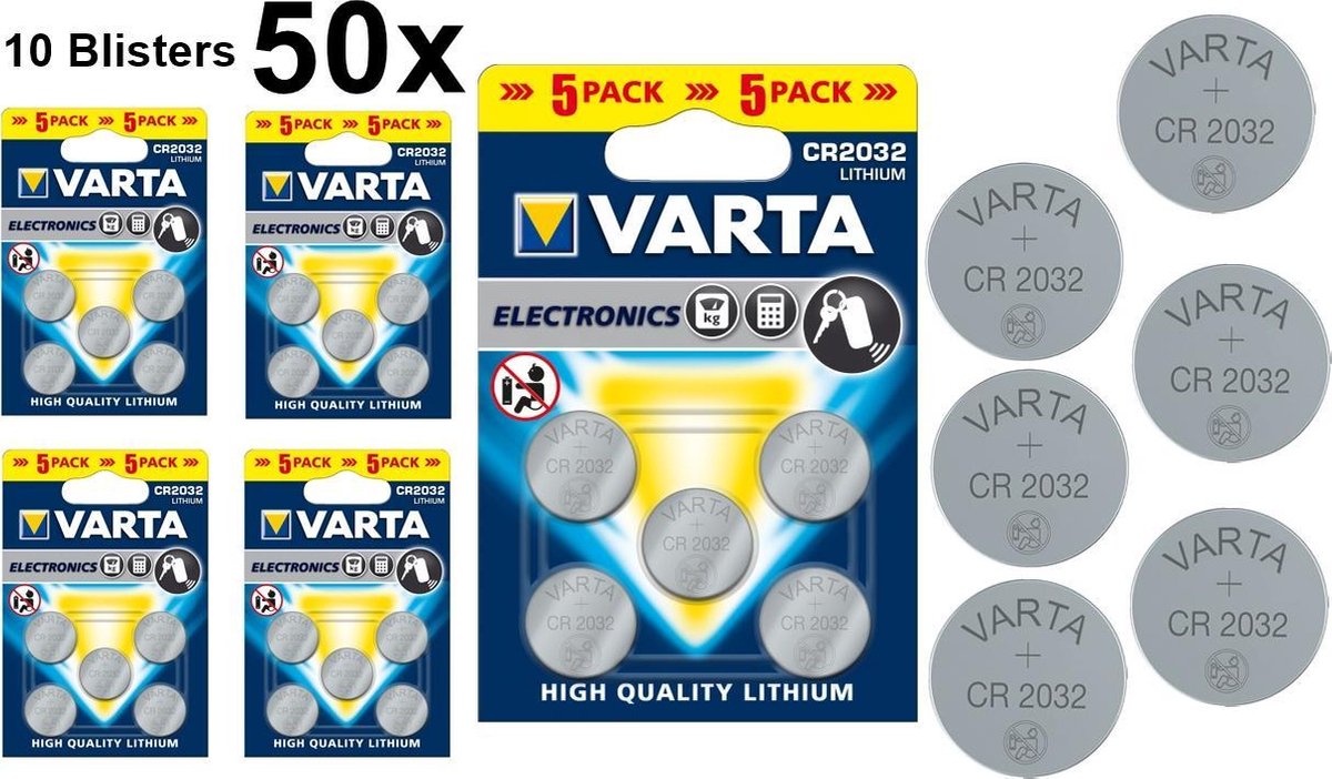 50 Stuks (10 Blisters a 5st) - VARTA CR2032 3v lithium knoopcel batterij