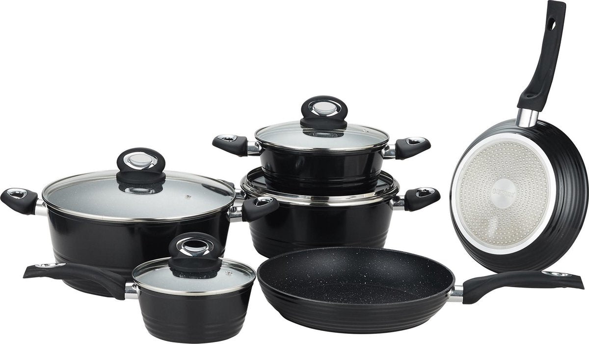 Herzberg: 10-Delige Gesmede Pannenset - Zwart- Gegoten Pannenset - Marmer Gecoate Pannen - Afneembare Handvaten - Braadpan - Koekenpan - Steelpan - Pannenset Inductie - Pan met Deksel - Bakpan