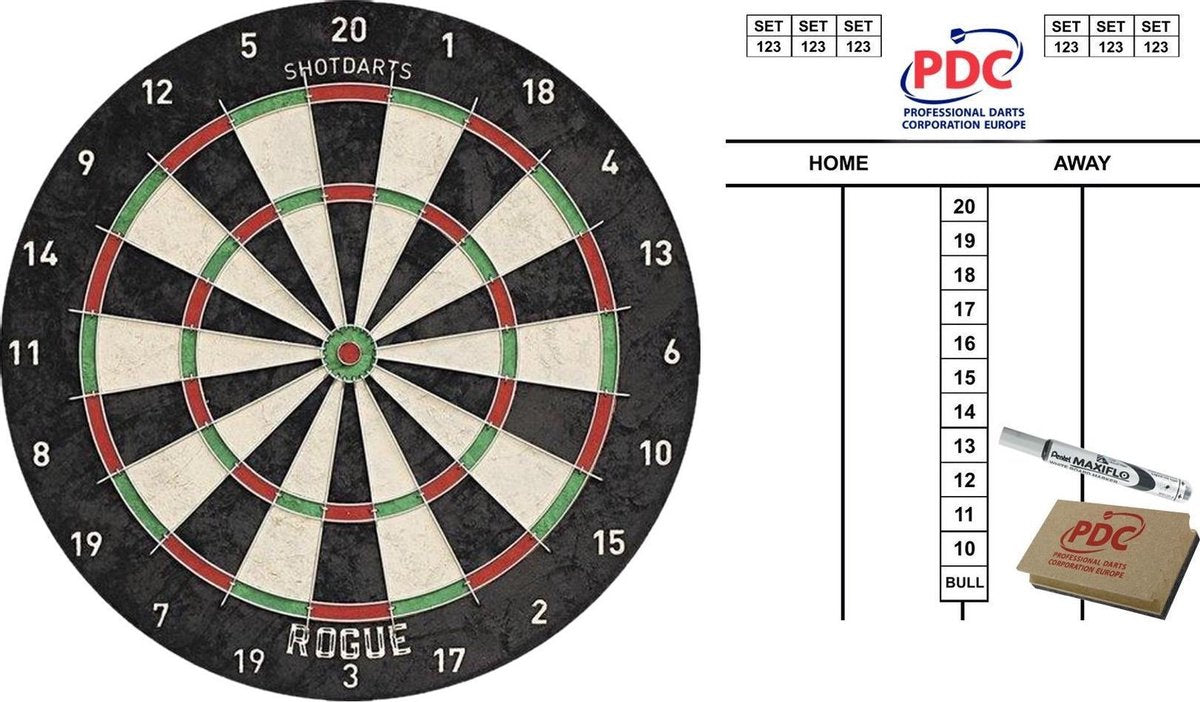Dartbord Rogue Bristle 45 cm met scorebord met marker en wisser 45x30 cm