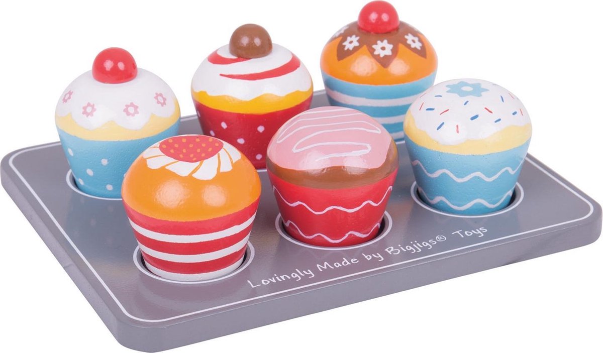 Speelgoedeten - Kleurige muffins - Op dienblad - Hout - 6st.