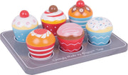 Speelgoedeten - Kleurige muffins - Op dienblad - Hout - 6st.