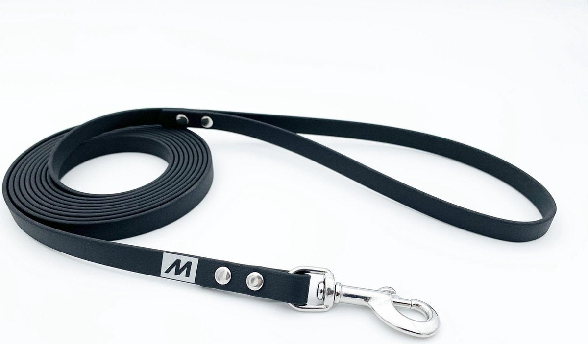 Miqdi BioThane hondenriem – zwart – 13 mm breed - 1.5 meter lang - met handvat