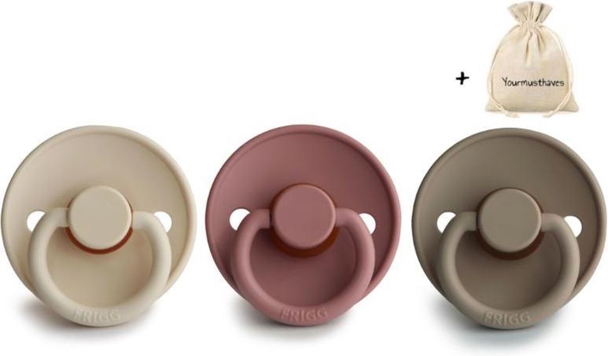 FRIGG | Fopspeen set 3 stuks | T2 | 6-18 maanden | Classic | Silicone | Sandstone + Woodchuck + Portobello | Met YOURMUSTHAVES speenzakje