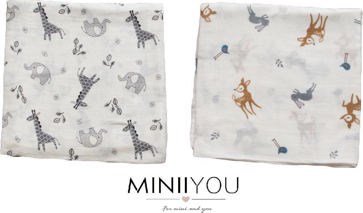 Set van 2 | Hydrofiele doek XL - 120x120 cm - Inbakerdoek - bosdieren - Swaddle doek groot - Hydrofiele luier -