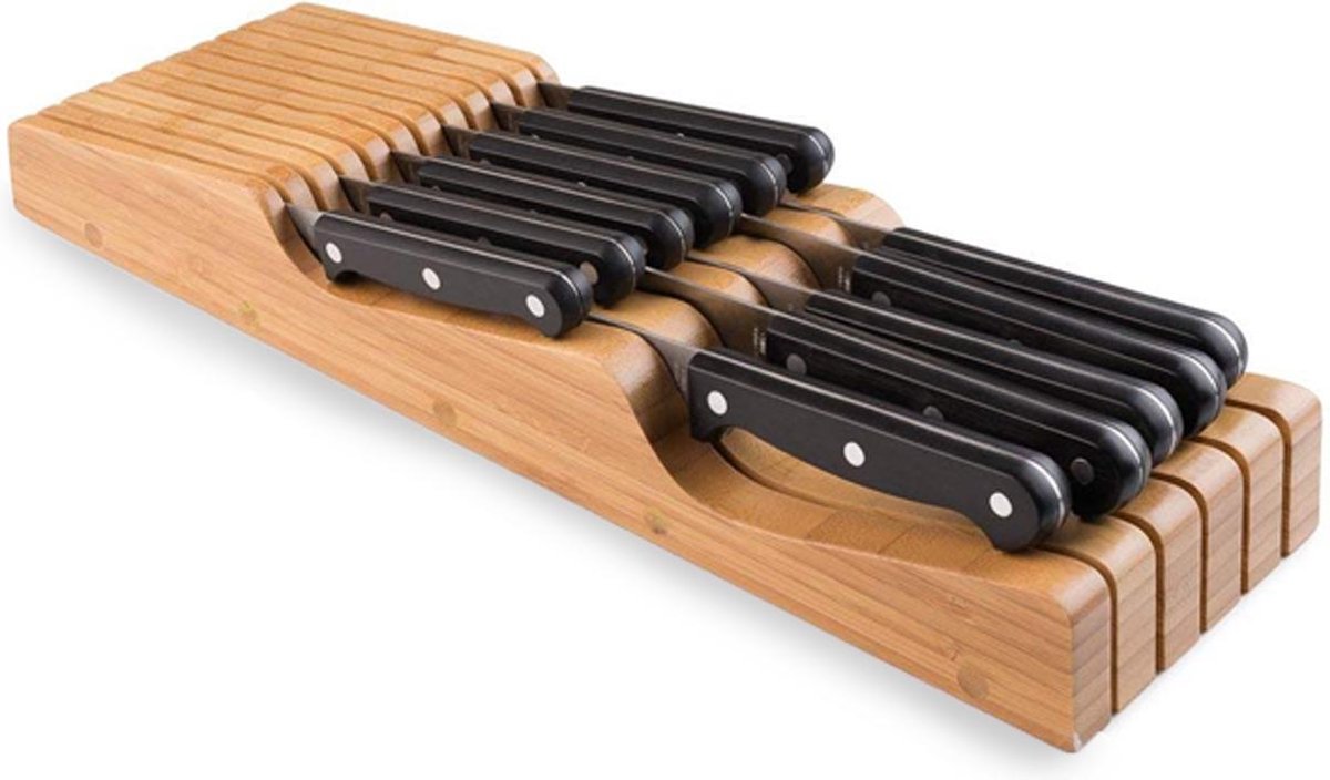 KitchenBrothers Liggend Messenblok Voor In Lade - Voor 11 Messen - Zonder Messen - 100% Natuurlijk Bamboe